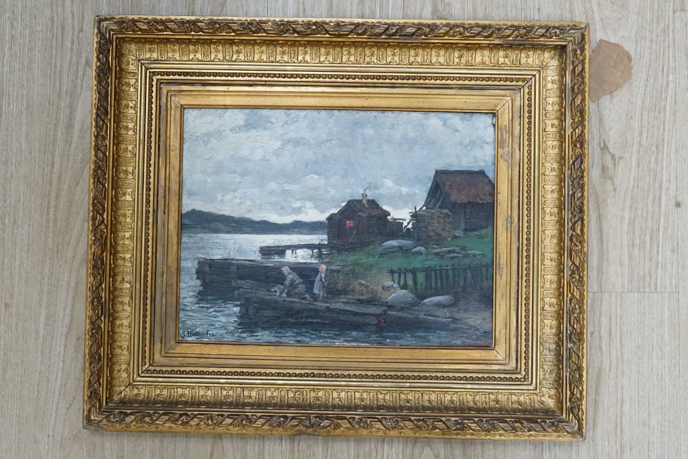 Josef Wilhelm Wallander (Swedish, 1821-1888), oil on wooden panel, Mother and child on the wharf, signed, 30 x 40cm